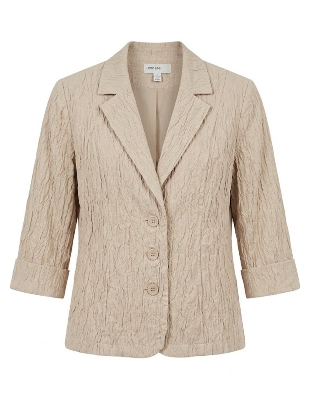 COTTON Lana Lee Beige Crinkled Cotton Blazer 3/4 Sleeve Textured Jacket Size 6
